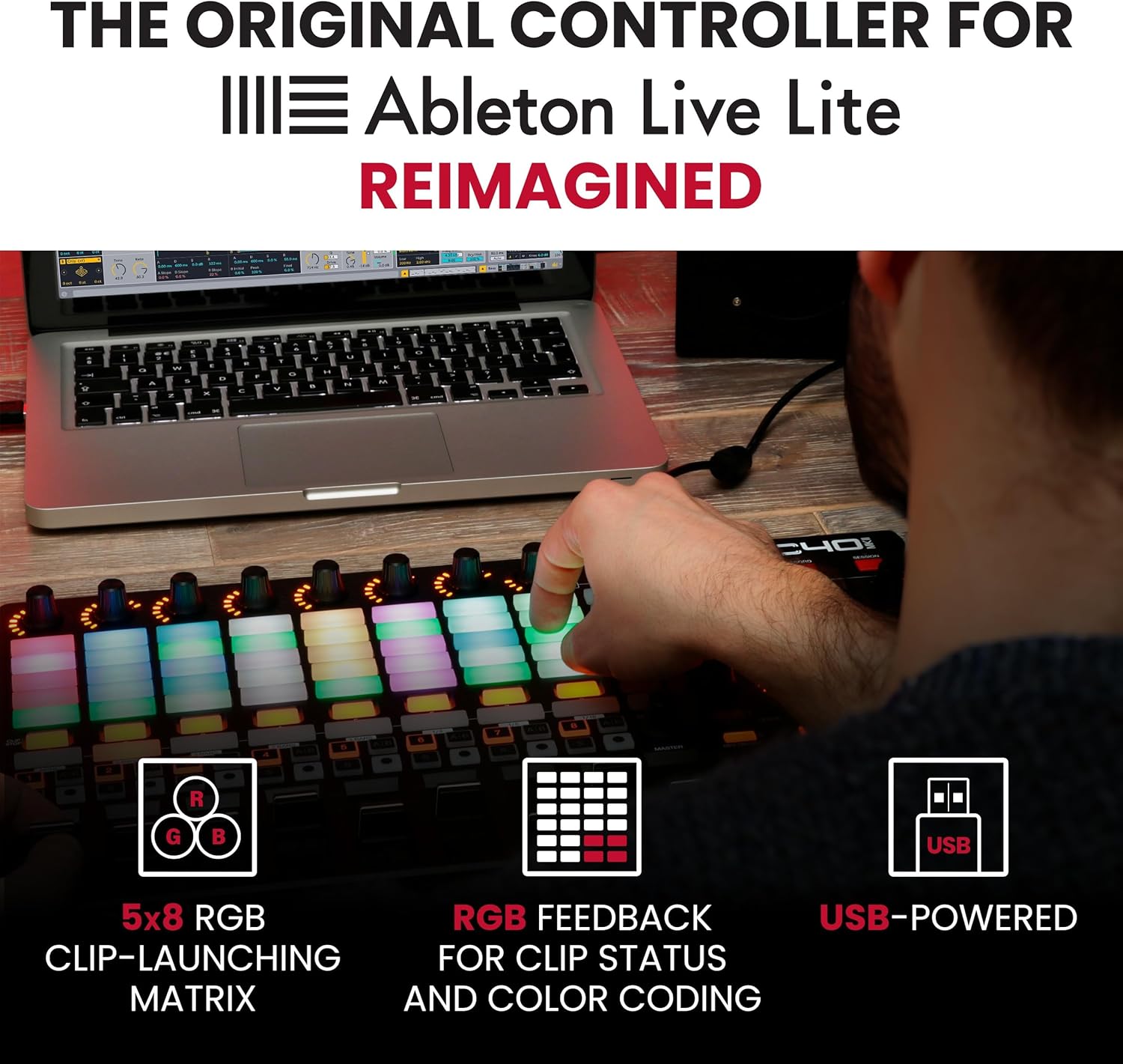 Akai Professional APC40 MKII – USB MIDI Controller for 1 to 1 Mapping with Ableton Live Lite with 5×8 Clip Launch Matrix, Knobs and Faders, Pro Software Suite Included