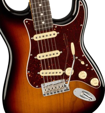 Fender American Professional II Stratocaster – 3-Color Sunburst Bundle with Case, Strap, Cable, and Guitar Cleaning Kit