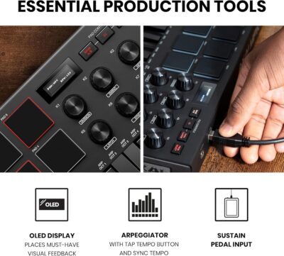 Akai Professional MPK Mini MK3 25 Key USB MIDI Keyboard Controller With 8 Backlit Drum Pads, 8 Knobs, Music Production Software and Native Instruments Sound Package (NKS Integration), Black