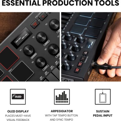 Akai Professional MPK Mini MK3 25 Key USB MIDI Keyboard Controller With 8 Backlit Drum Pads, 8 Knobs, Music Production Software and Native Instruments Sound Package (NKS Integration), Black