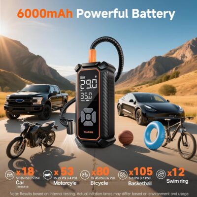 OlarHike Tire Inflator Portable Air Compressor, 150PSI Dual Power – 6000mAh & 12V DC, Cordless Air Pump for Car Tires, Bike, Motorcycle, Balls with LED & Digital Pressure Gauge, Car Gifts