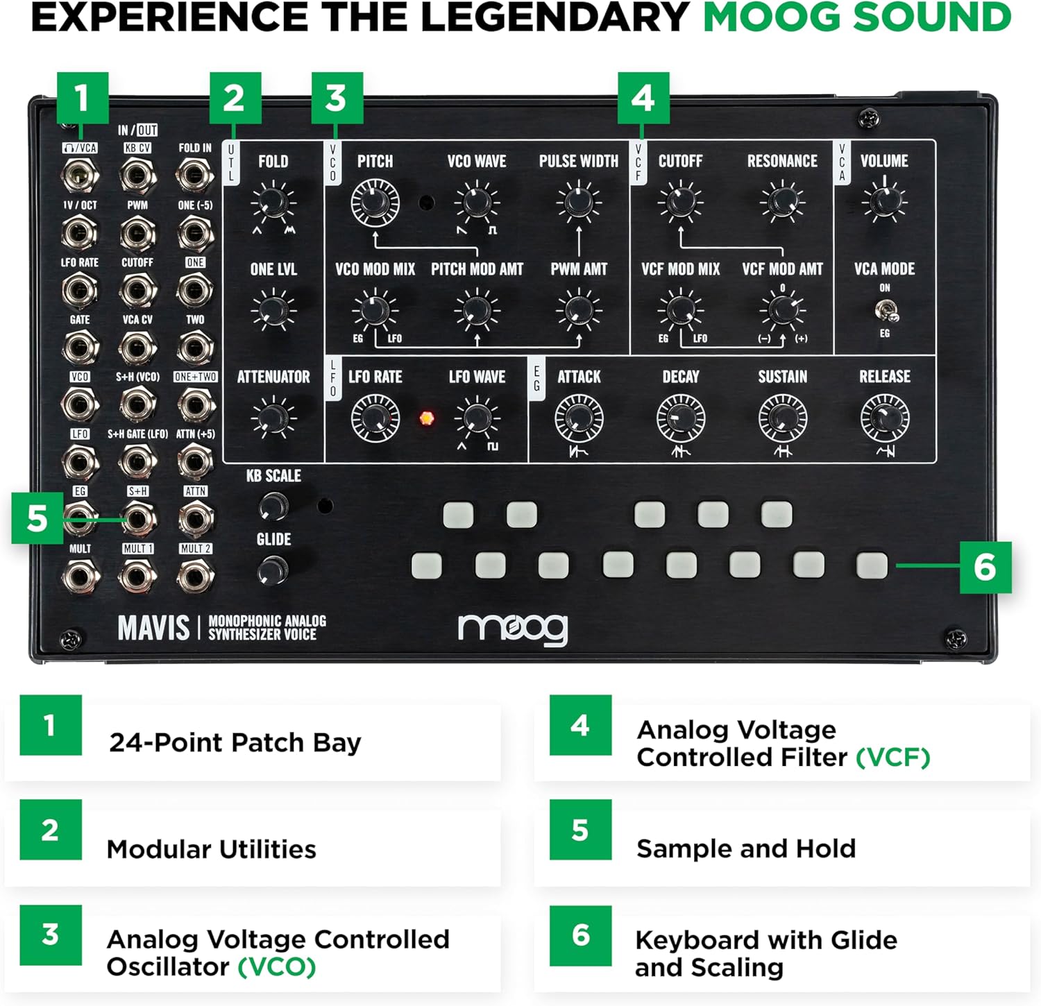 MOOG Mavis – Standalone Semi-Modular Analog Synthesizer Kit with Keyboard; Analog Oscillator, Filter, Envelope Generator; Wavefolder; and Dust Cover