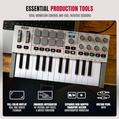 811Ye33qByL. AC SL1500 Akai Professional MPK Mini IV USB-C MIDI Keyboard Controller for Beginners and Producers – MPC Drum Pads, 360° Knobs, Pitch and Mod Wheels, Production Software, Native Instruments Sound Package, Grey
