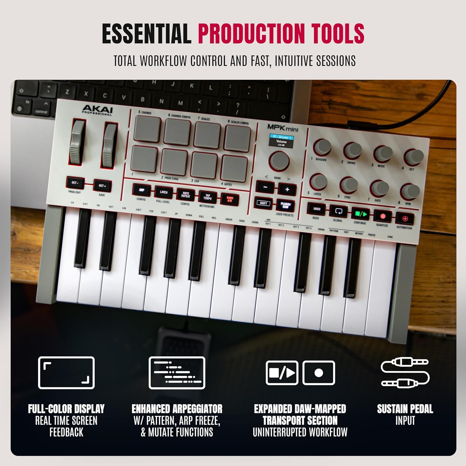 Akai Professional MPK Mini IV USB-C MIDI Keyboard Controller for Beginners and Producers – MPC Drum Pads, 360° Knobs, Pitch and Mod Wheels, Production Software, Native Instruments Sound Package, Grey