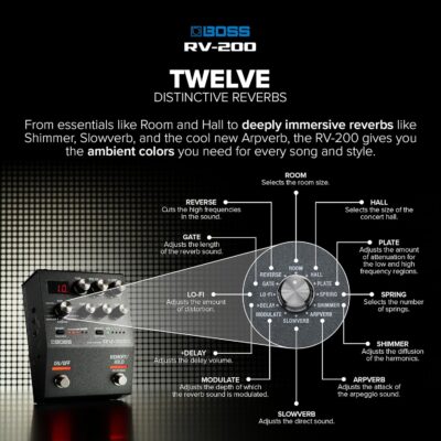 BOSS RV-200 Reverb | Premium Reverb Processing in a Streamlined BOSS 200 Series Effects Pedal Design for Guitar & Other Instruments | 12 Reverb Types including Arpverb | 127 User Memories