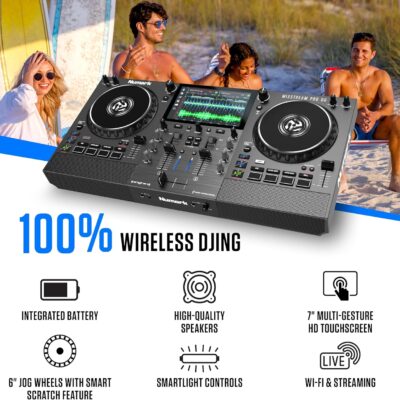 Numark Mixstream Pro Go Portable DJ Controller with Battery, Mixer with Stem Separation, Speakers, WiFi Streaming, Touchscreen, works with Serato DJ