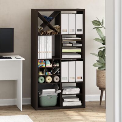 813IqJw0ruL. AC SL1500 Furinno Cubicle Cube Insert, 3-Shelf Cube Organizer, Fits into Furinno Extra Thick Cubes, for Organizers and Storage, Black Dark Oak (Does not fit IKEA Kallax Shelving)