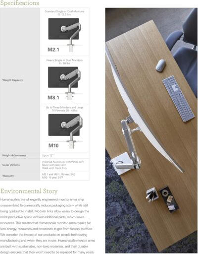 Humanscale M2.1 Adjustable Monitor Arm with Two-Piece Clamp Mount with Base – Polished Aluminum M21CMWBTB