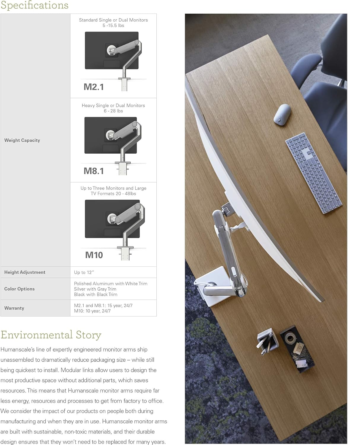 Humanscale M8.1 Adjustable Monitor Arm with Two Piece Clamp Mount and Base – Silver M81CMSBTB