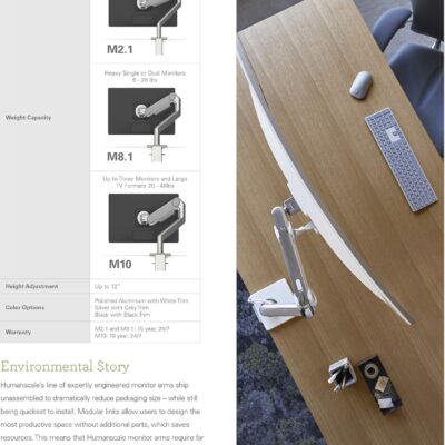 Humanscale M8.1 Adjustable Dual Monitor Arm with Crossbar – Two Piece Clamp Mount – Silver M81CMSB2G