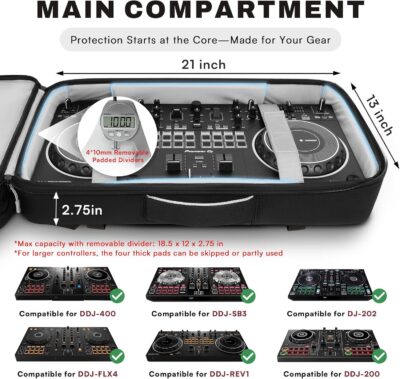 DJ Controller Bag for DDJ-FLX4/DDJ 200/DDJ 400/DDJ REV1, Padded DJ Backpack with Multi-pocket for 17 Inch Laptop, Cables, DJ Carrying Mixer Case with Adjustable Strap for DJ Equipment, Grey