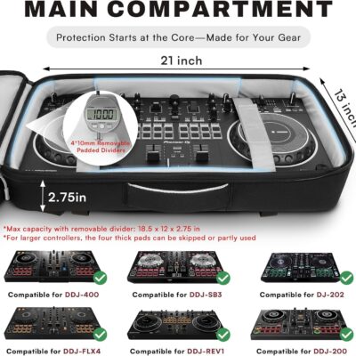 DJ Controller Bag for DDJ-FLX4/DDJ 200/DDJ 400/DDJ REV1, Padded DJ Backpack with Multi-pocket for 17 Inch Laptop, Cables, DJ Carrying Mixer Case with Adjustable Strap for DJ Equipment, Grey