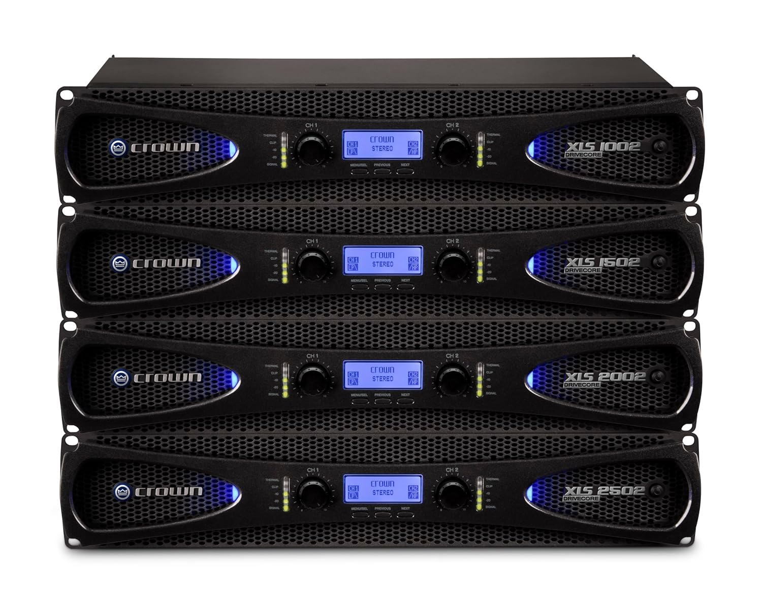 Crown XLS1002 2-Channel Class D DriveCore Professional Power Amplifier with DSP, Band Pass Filters & Peakx Limiters. XLR/RCA Inputs, 350W at 4 Ohm, PureBand Crossover System. Black