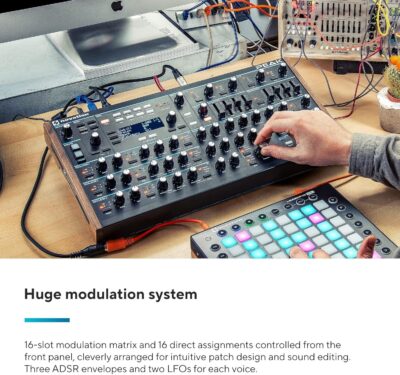Novation Peak 8-Voice Desktop Polyphonic Synthesiser with 2 LFOs per voice, 16-slot modulation matrix, 3 analogue distortion points, and digital effects