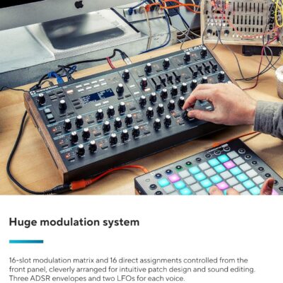 Novation Peak 8-Voice Desktop Polyphonic Synthesiser with 2 LFOs per voice, 16-slot modulation matrix, 3 analogue distortion points, and digital effects
