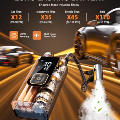 180PSI Tire Inflator Portable Air Compressor, 6X Faster Air Pump for Car Tires with Digital Pressure Gauge, 12V DC Adapter, LED Light, Portable Tire Inflator for Car, Motorcycle, Bike, Obsidian