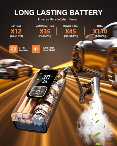 180PSI Tire Inflator Portable Air Compressor, 6X Faster Air Pump for Car Tires with Digital Pressure Gauge, 12V DC Adapter, LED Light, Portable Tire Inflator for Car, Motorcycle, Bike, Obsidian