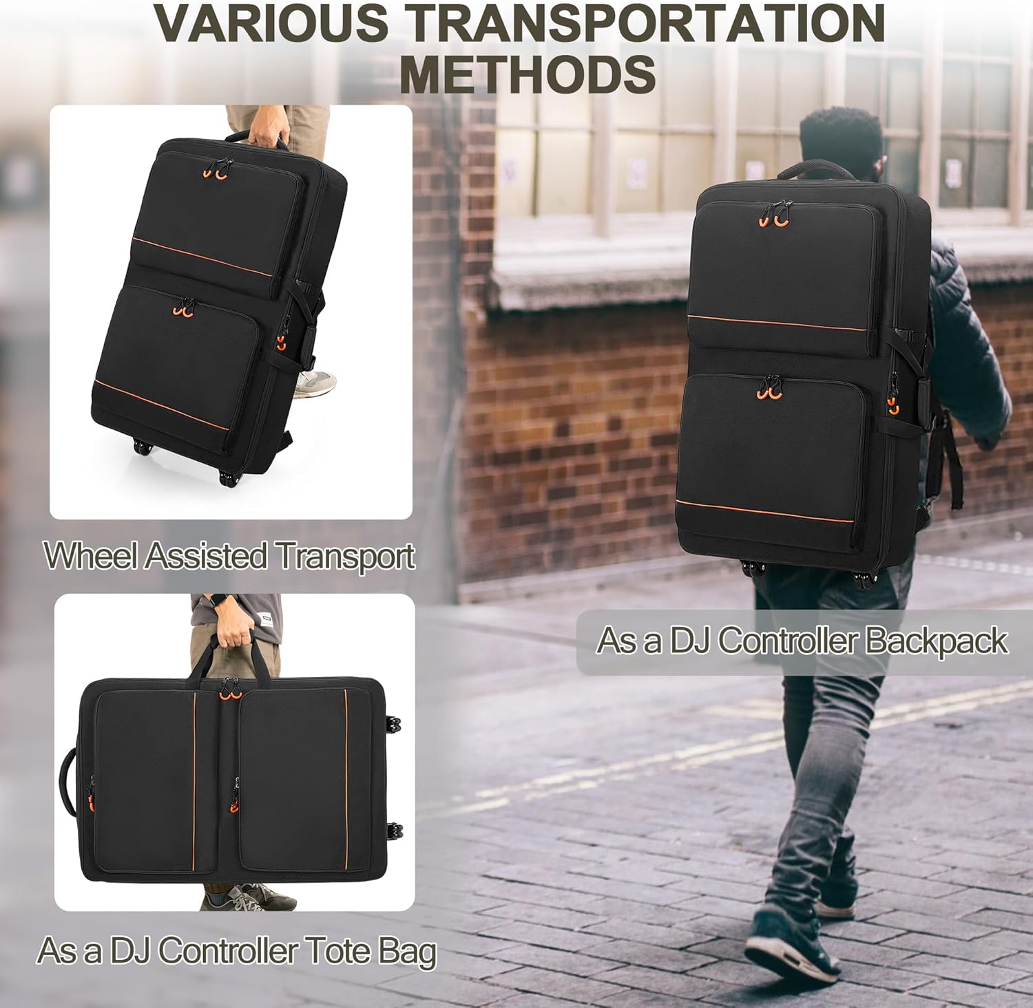 DJ Controller Bag Backpack with Wheels Compatible with Pioneer XDJ RX2/ XDJ RX3/ XDJ-RX/DDJ FLX10/ DDJ REV7/ DDJ 1000, Wheeled DJ Carrying Case with 2 Accessory Pocket, Padded DJ Mixer Bag