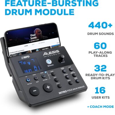 Alesis Nitro Max Kit Compact Electric Drum Kit with Quiet Mesh Pads, 10 Dual-Zone Snare, Bluetooth, 440+ BFD Sounds, Drumeo, USB MIDI, Kick Pedal