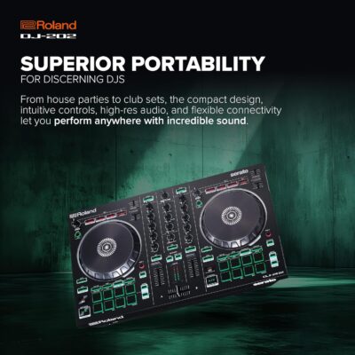 Roland DJ-202 Compact DJ Controller | 2-Channel, 4-Deck Controller for Serato DJ Lite | Large, Low-Latency Platters | Iconic Roland Drum Kit Sounds