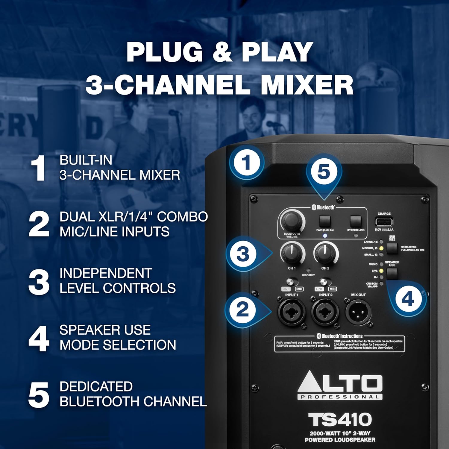 ALTO TS410 2000W 10 Powered PA Speaker with 3 Channel Mixer, Bluetooth Streaming, Wireless Loudspeaker Linking, DSP App