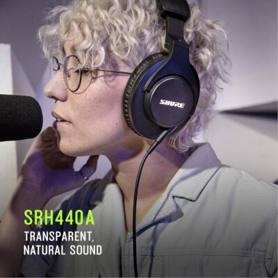 Shure SRH440A Professional Over-Ear Wired Studio Headphones – Monitoring & Recording Headphones with Enhanced Frequency Response, Adjustable & Collapsible Design, Works with All Audio Devices, Black