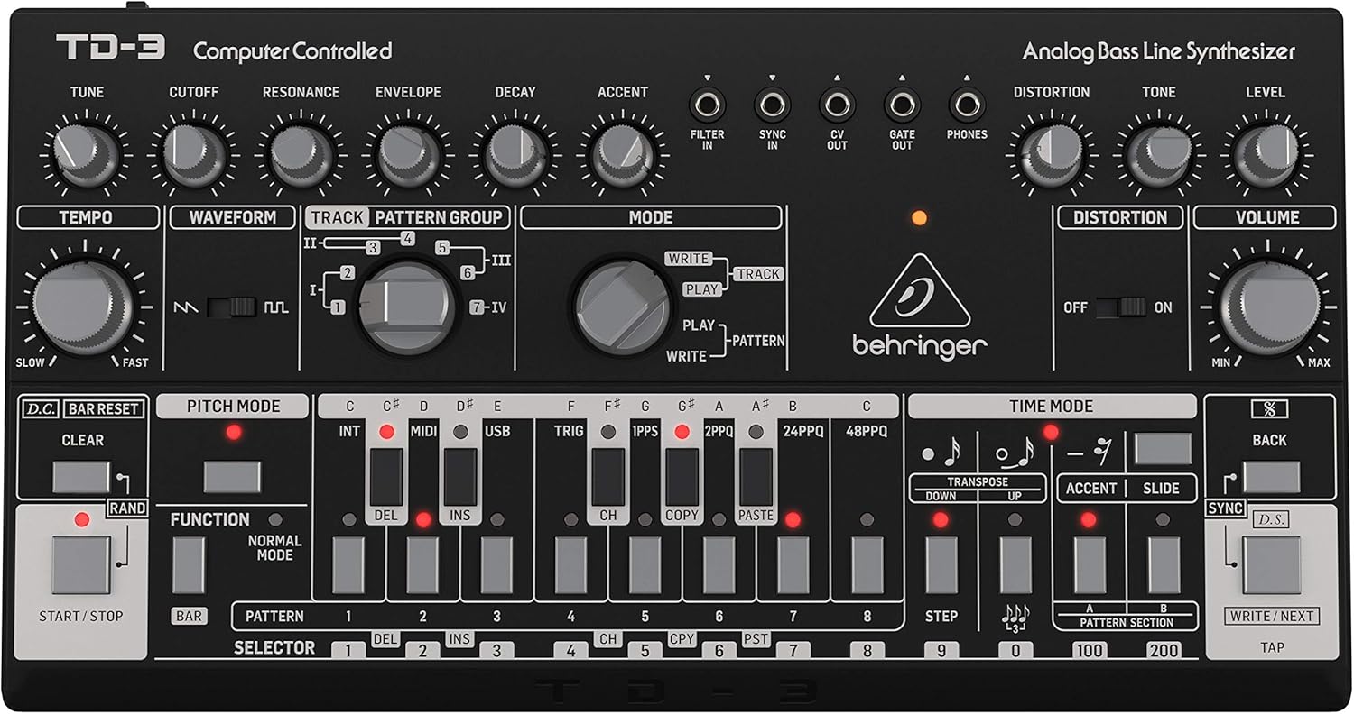 Behringer TD-3-BK Analog Bass Line Synthesizer with VCO, VCF, 16-Step Sequencer, Distortion Effects and 16-Voice Poly Chain