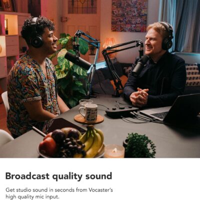 Focusrite Vocaster Two — Podcasting Interface for Recording Host and Guest. 2 Mic Inputs and Headphone Outputs, with Auto Gain, Enhance, and Mute. Small, Lightweight, and Powered by Computer
