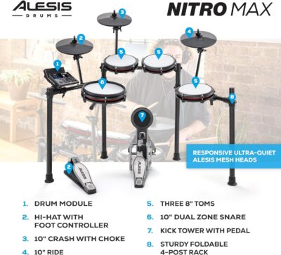 Alesis Nitro Max Kit Compact Electric Drum Kit with Quiet Mesh Pads, 10 Dual-Zone Snare, Bluetooth, 440+ BFD Sounds, Drumeo, USB MIDI, Kick Pedal