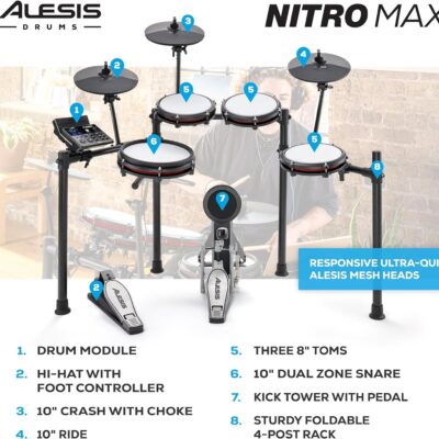 Alesis Nitro Max Kit Compact Electric Drum Kit with Quiet Mesh Pads, 10 Dual-Zone Snare, Bluetooth, 440+ BFD Sounds, Drumeo, USB MIDI, Kick Pedal
