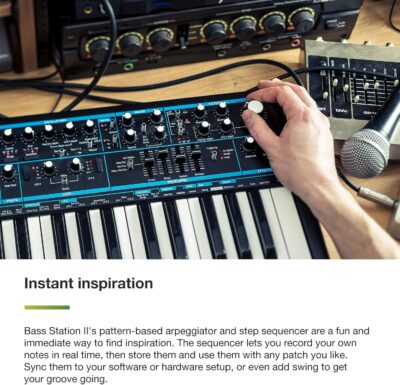 Novation Bass Station II Analog Monosynth – includes 64 factory patches, pattern-based step sequencer and arpeggiator, two oscillators plus an additional sub oscillator