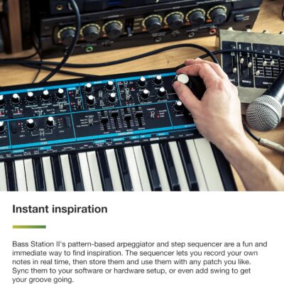 Novation Bass Station II Analog Monosynth – includes 64 factory patches, pattern-based step sequencer and arpeggiator, two oscillators plus an additional sub oscillator