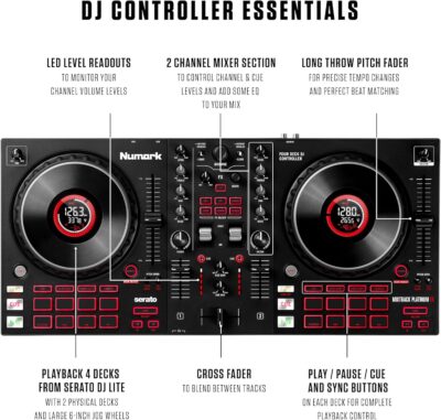 Numark Mixtrack Platinum FX Serato DJ Controller with Jog Wheel Displays, 4 Decks, Mixer, Effects Paddles and Audio Interface