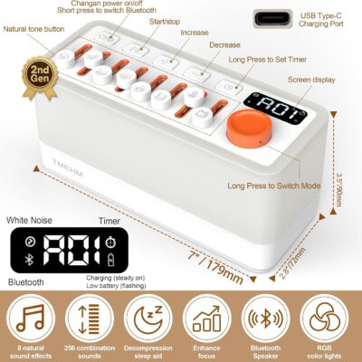 81AOcMHEMZL. AC SL1500 3-in-1 Sleep Sound Machine with 8 Mixable Nature Sounds, Portable Bluetooth Speaker & 12-Color Night Light, White Noise, Sleep Timer & Breathing Exercises for Babies, Kids, and Adults