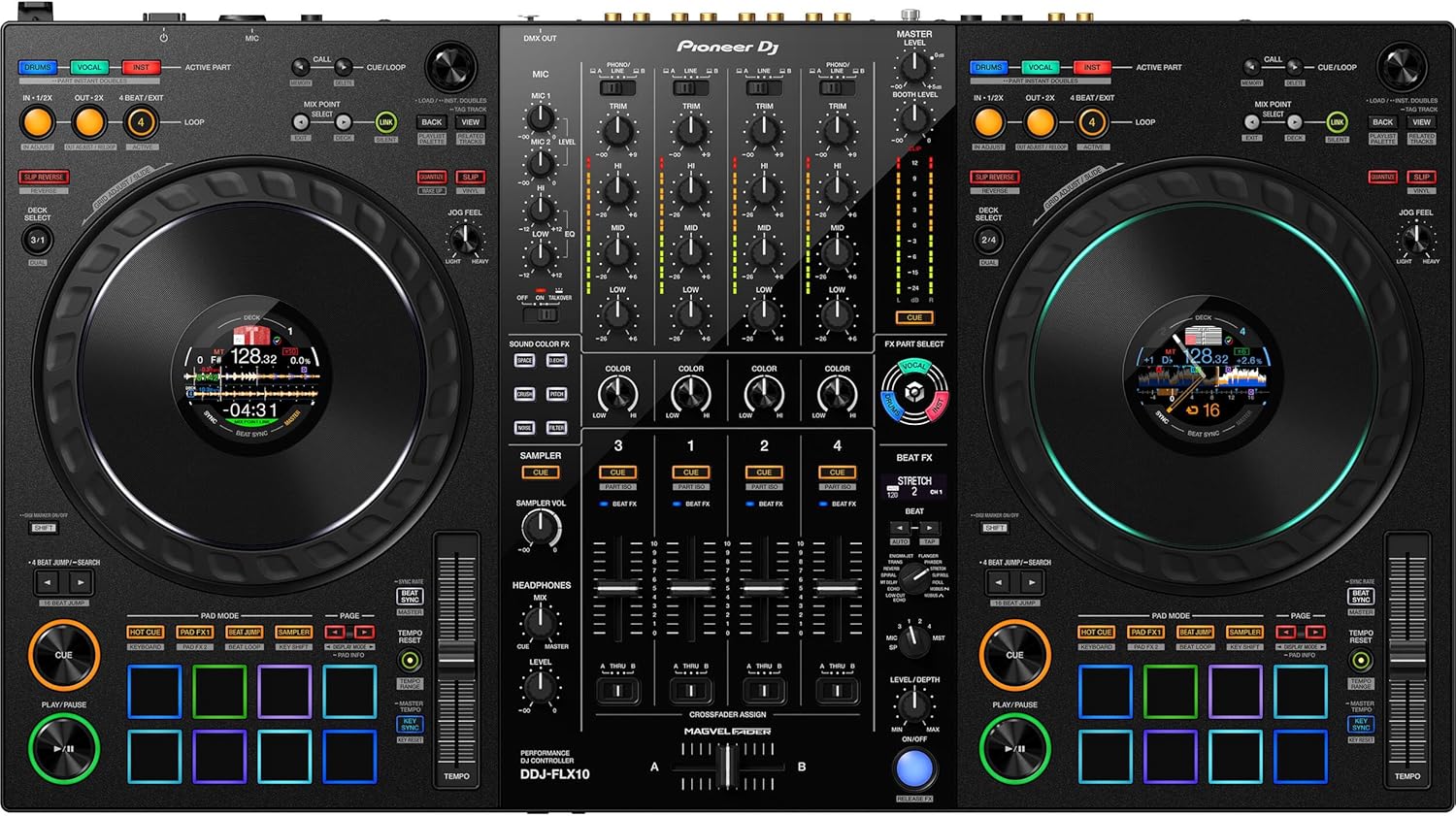 Pioneer DDJ-FLX10 4-deck DJ Controller with StreamEye Cans50 Professional DJ Headphones and LPT5000 Laptop Stand