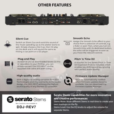 Pioneer DDJ-REV7-N Scratch-Style 2-Channel Professional DJ Controller – Gold Bundle with Case, Headphones, XLR Cable, and Austin Bazaar Polishing Cloth