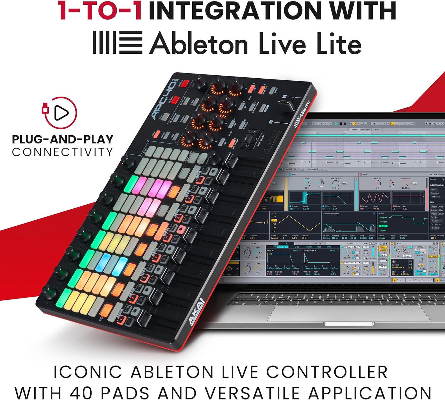 Akai Professional APC40 MKII – USB MIDI Controller for 1 to 1 Mapping with Ableton Live Lite with 5×8 Clip Launch Matrix, Knobs and Faders, Pro Software Suite Included