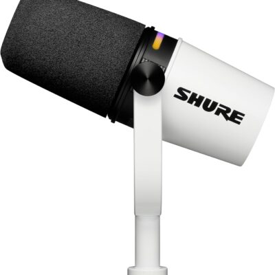 Shure MV7+ Podcast Dynamic Microphone – OBS Certified, Enhanced Audio, LED Panel, USB-C & XLR Outputs, Auto Level Mode, Digital Pop Filter, Reverb Effects – For Podcasting, Streaming, Recording, White