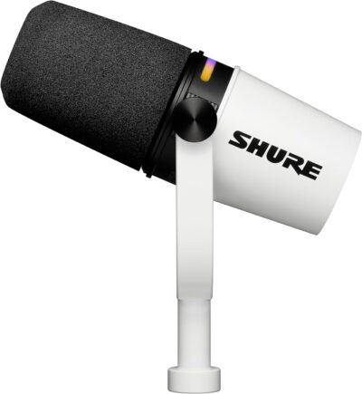 Shure MV7+ Podcast Dynamic Microphone – OBS Certified, Enhanced Audio, LED Panel, USB-C & XLR Outputs, Auto Level Mode, Digital Pop Filter, Reverb Effects – For Podcasting, Streaming, Recording, White