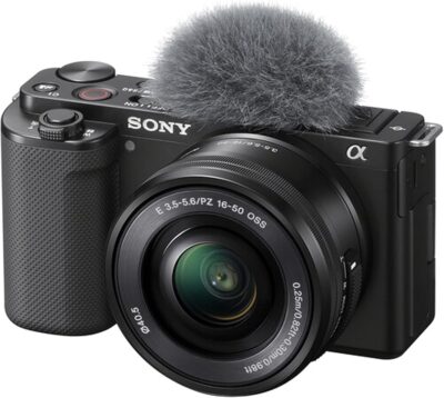 Sony ZV-E10 Mirrorless Camera with 16-50mm Lens, 128GB Extreem Speed Memory,.43 Wide Angle & 2X Lenses, Case. Tripod, Filters, Hood, Grip,Spare Battery & Charger, Editing Software Kit -Deluxe Bundle