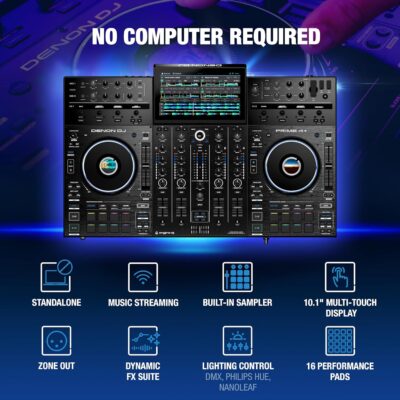 Denon DJ PRIME 4+ Standalone DJ Controller with Stem Separation on 4 Decks, Wi-Fi Streaming, Drop Sampler Mixer, 10.1 Touchscreen, Light Control