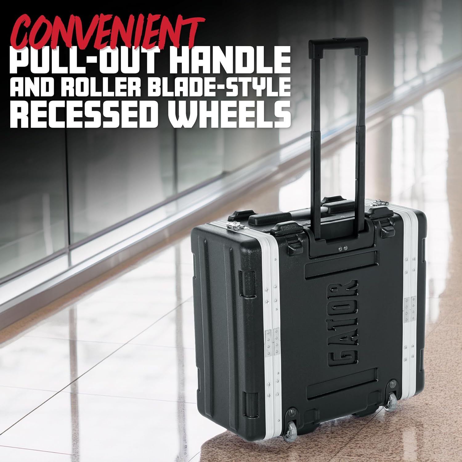 Gator Cases Lightweight Rolling 6U Rack Case with Heavy Duty Latches, Retractable Tow Handle, and Recessed Wheels, Standard 19.25 depth, (GRR-6L)