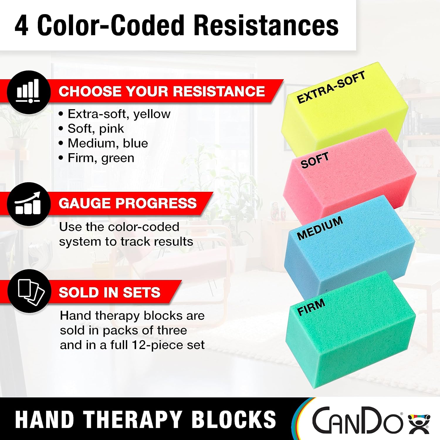 CanDo Hand Therapy Blocks – Extra-Soft Through Firm), Pack of 12 – Grip Strengthening Foam Hand Exercise Tools for Physical Therapy, Arthritis, Carpal Tunnel, Stress Relief, Anxiety