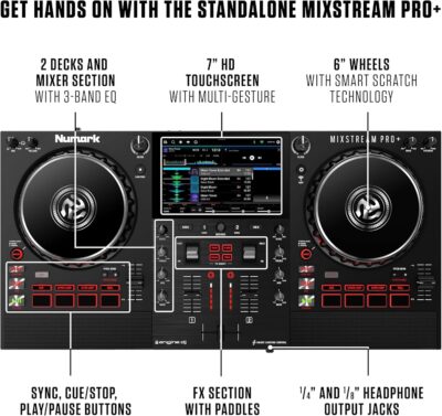 Numark Mixstream Pro+ DJ Controller with Stem Separation, 2 Decks, Wi-Fi Streaming, Mixer, 7 Touchscreen, Speakers, works with Serato and Virtual DJ