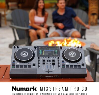 Numark Mixstream Pro Go Portable DJ Controller with Battery, Mixer with Stem Separation, Speakers, WiFi Streaming, Touchscreen, works with Serato DJ