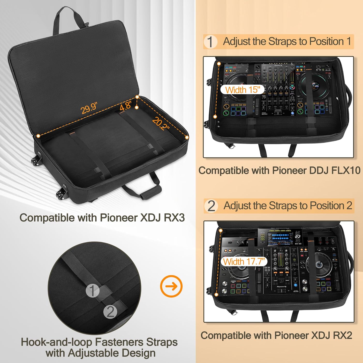 DJ Controller Bag Backpack with Wheels Compatible with Pioneer XDJ RX2/ XDJ RX3/ XDJ-RX/DDJ FLX10/ DDJ REV7/ DDJ 1000, Wheeled DJ Carrying Case with 2 Accessory Pocket, Padded DJ Mixer Bag