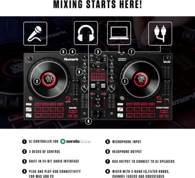 Numark Mixtrack Platinum FX Serato DJ Controller with Jog Wheel Displays, 4 Decks, Mixer, Effects Paddles and Audio Interface