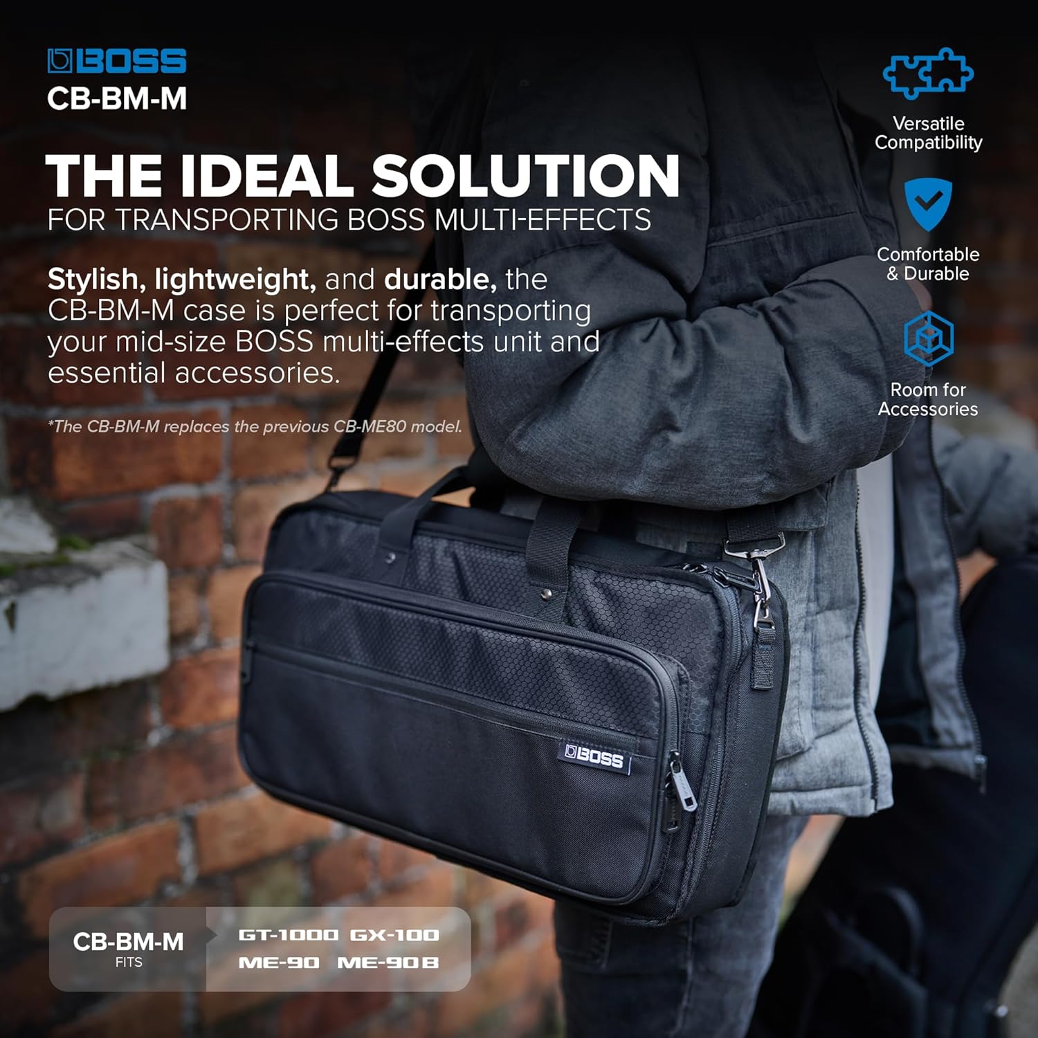 BOSS CB-BM-M | Multi-Effects Case | Compatible GT-1000, GX-100, ME-90, & ME-90B | Lightweight & Durable | Thick Internal Padding | Adjustable Shoulder Strap | Versatile Accessory Pockets