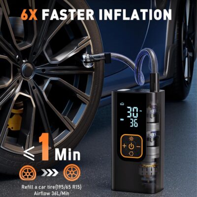 180PSI Tire Inflator Portable Air Compressor, 6X Faster Air Pump for Car Tires with Digital Pressure Gauge, 12V DC Adapter, LED Light, Portable Tire Inflator for Car, Motorcycle, Bike, Obsidian
