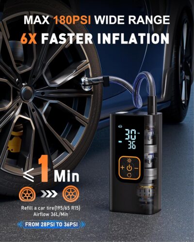 180PSI Tire Inflator Portable Air Compressor, 6X Faster Air Pump for Car Tires with Digital Pressure Gauge, 12V DC Adapter, LED Light, Portable Tire Inflator for Car, Motorcycle, Bike, Obsidian
